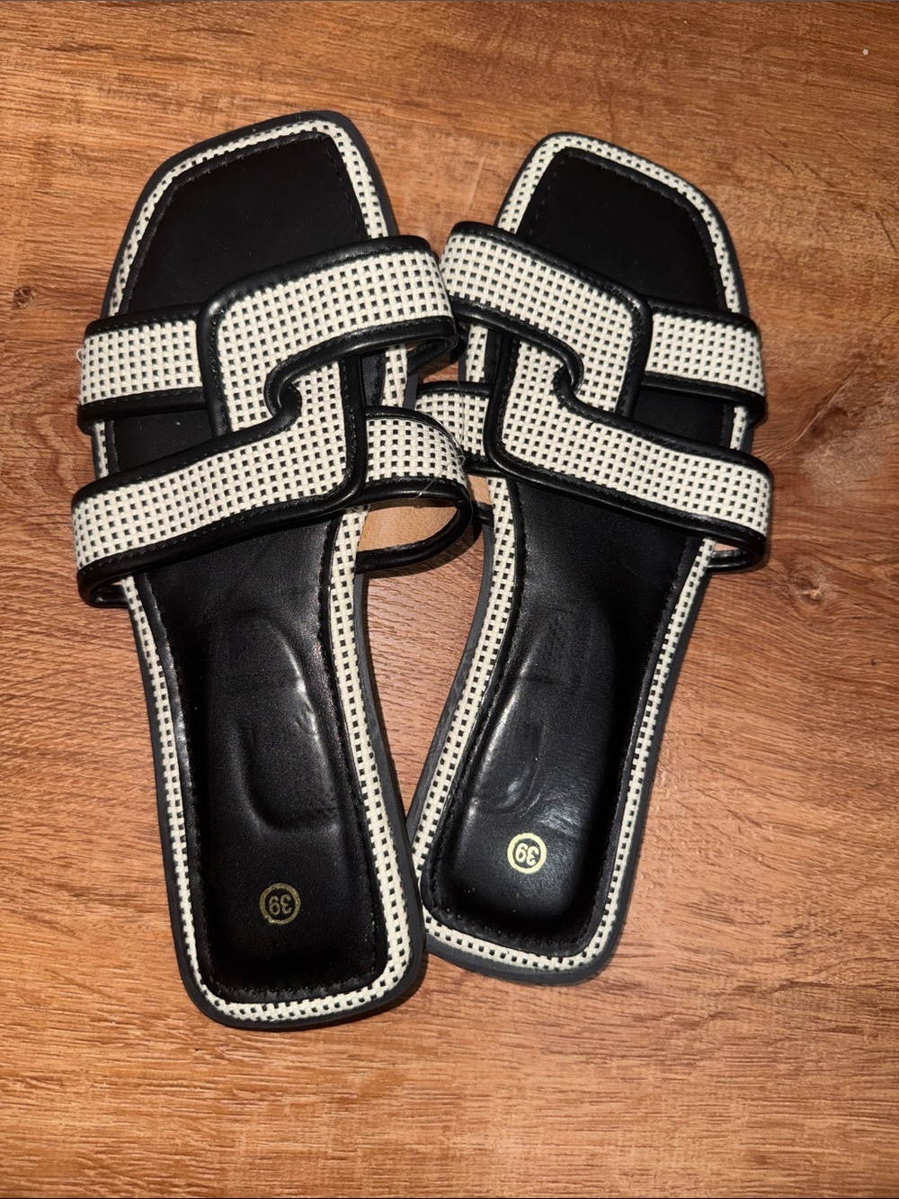 Black and White Perforated H-Strap Flat Slide Sandals - Size 39 (US 8.5)